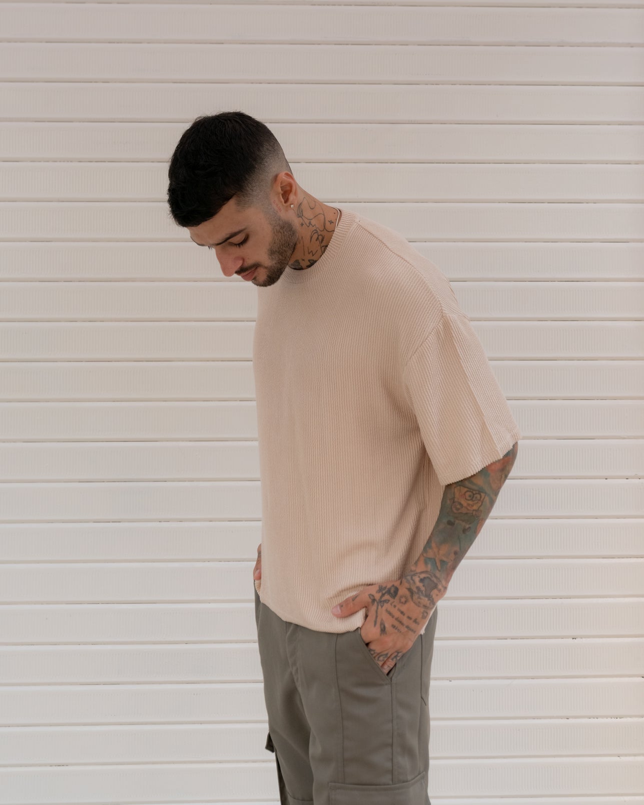 Cropped Textured Tee - Beige