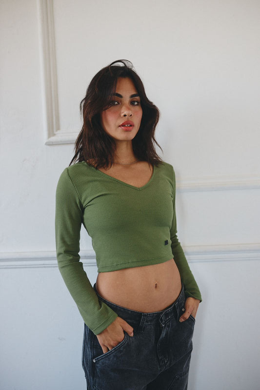 Slim V Long Sleeve Waffer Top - Verde